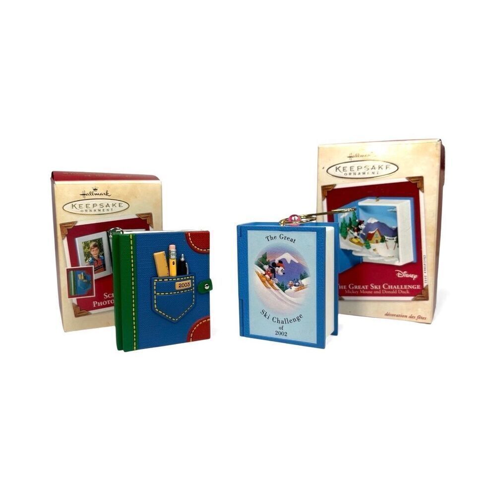 Hallmark Keepsake Book Ornament Lot – Disney Mickey Ski & School Memories Boxed